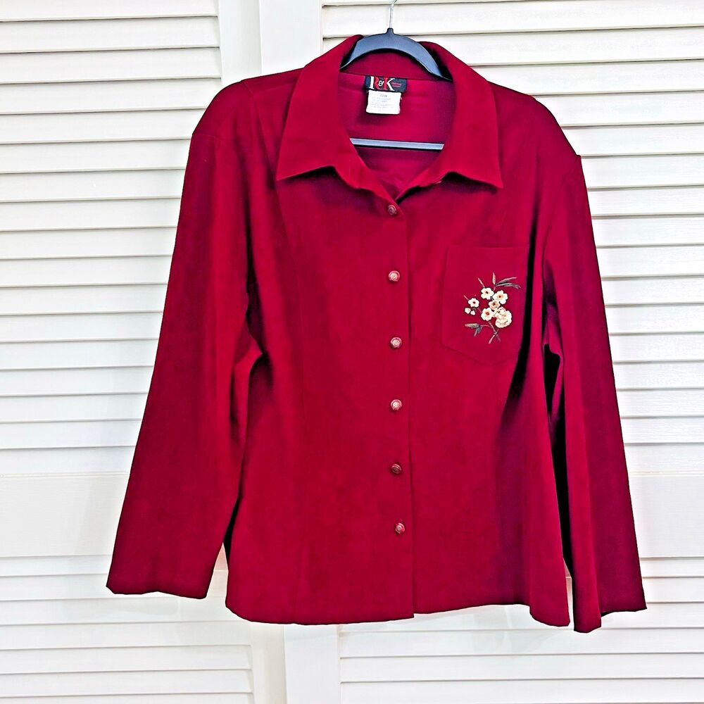 Vintage R&K Original Woman 22W Red Faux Suede Embroidered Shirt Jacket